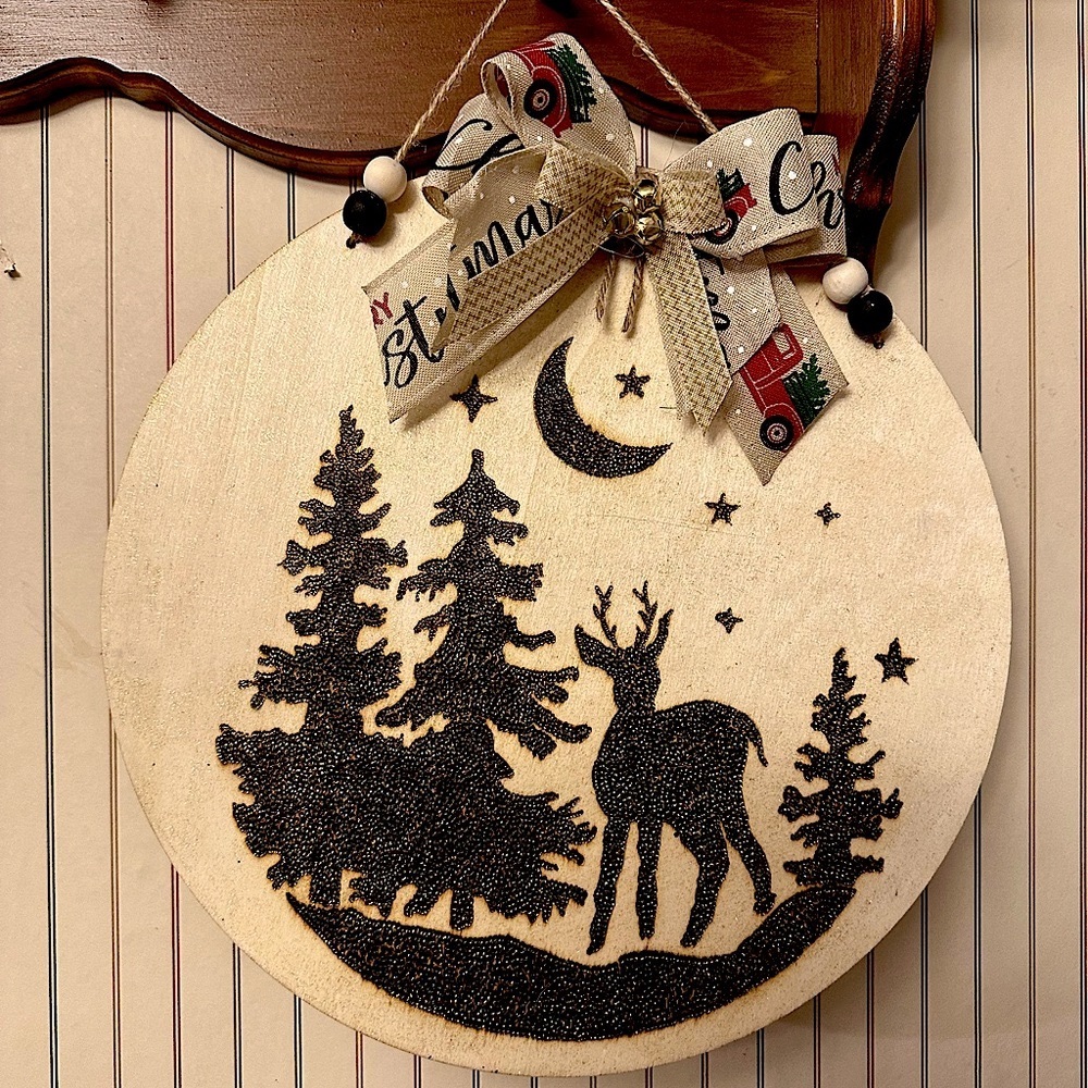 Woodburned Hanging Decoration with Bow & Bell